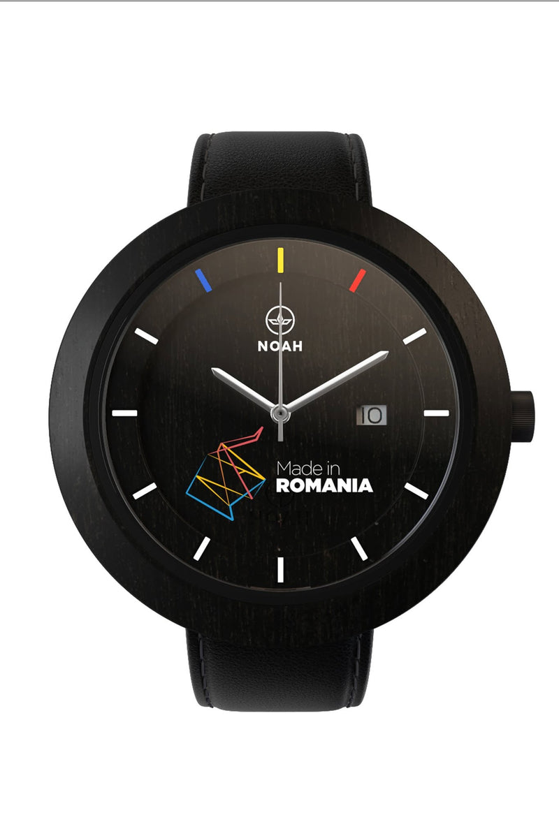 Ceas NOAH negru cu grafică „Made in Romania” pe cadran